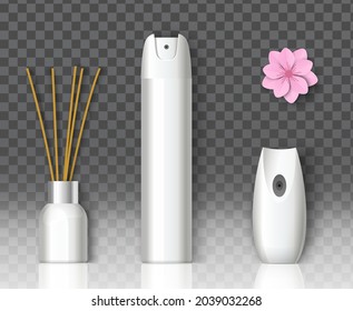 White Blank Air Freshener Packaging Spray Bottle, Reed Diffuser Mockup Set, Vector Illustration Isolated On Transparent Background. Room Deodorant. Home Fragrance Diffuser.