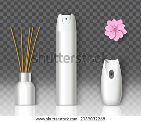 White blank air freshener packaging spray bottle, reed diffuser mockup set, vector illustration isolated on transparent background. Room deodorant. Home fragrance diffuser.