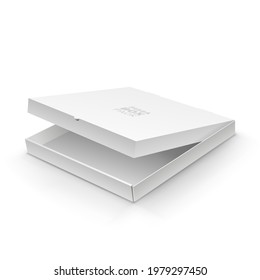 White blank ajar pizza box template realistic design. Cardboard packing box with opened cover for your own design. Paper food packaging template vector illustration