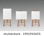 White blank artboards or canvas of various shapes standing on wooden easels, realistic vector illustration isolated on transparent background. Templates set of artboards.