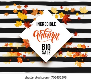 White blank with autumn maple leaves on striped background. Nature fall template for design banner, ticket, leaflet, card, poster and so on.