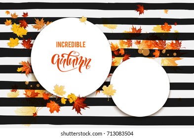 Weiße Blindfarben mit Herbstapelblättern auf gestreiftem Hintergrund. Nature fall Vorlage für Design-Banner, Ticket, Broschüre, Karte, Poster und so weiter.