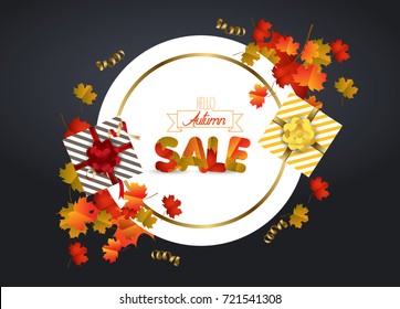 White blank with autumn maple leaves on background for design banner, ticket, leaflet, card, poster