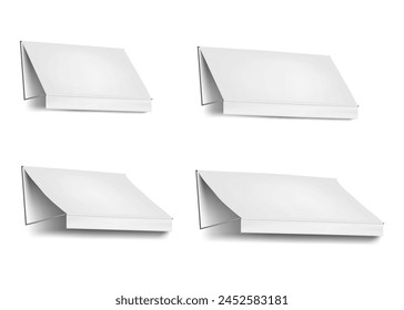 White blank awning. Various sizes mockup set. Outdoor tent roof for building facade realistic mock-up. Canvas canopy for hotel, cafe, store door or window. Template for design