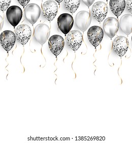 White Blank Background with black and white balloons as top border. Shiny glossy realistic ballon with glitter and gold ribbon, vector decoration, perfect for party banner or invitation card