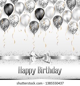 White Blank Background with black and white balloons as top border. Shiny glossy realistic ballon with glitter and ribbon, vector decoration, perfect for party banner or invitation card