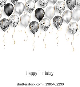 White Blank Background with black and white balloons as top border. Shiny glossy realistic ballon with gold glitter and ribbon, vector decoration, perfect for party banner or invitation card