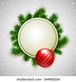 White blank banner decorated with fir branches and red bauble on show background, winter, Christmas, New Year design, vector illustration