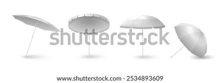 White blank beach umbrella mockup. Realistic 3d vector set of sunshade parasol for safe leisure in different angles of view. Summertime protection and shade element for branding and advertising.