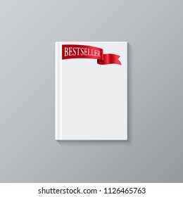 White blank book cover and red ribbon with Bestseller word isolated on gray background. Bestseller book vector mockup.