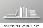 White blank book on shelf in library vector mockup. 3d bookshelf with textbook spine cover element for school interior. Office stand with paperback publication to display furniture modern design