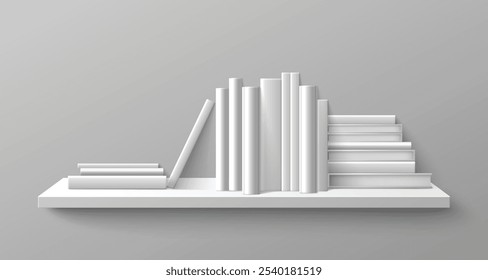 White blank book on shelf in library vector mockup. 3d bookshelf with textbook spine cover element for school interior. Office stand with paperback publication to display furniture modern design