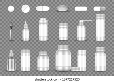 White blank Bottle packaging and pills, capsules isolated on transparent background. Pharmaceutical medical container and tablets mockup. Vector