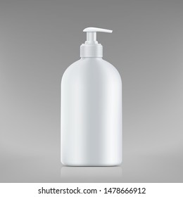 White blank bottle of soap with dispenser. Моск up isolated on a gray background. Vector template.