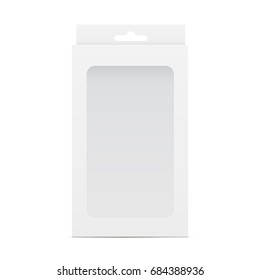 White Blank Box Mockup With Transparent Window And Hanging Tab. Packaging For Mobile Phone Accessories. Vector Illustration