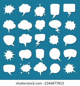 White blank bubble cloud set. Text speech clouds, web speeches bubbles stickers for chat, conversation symbols, speaking labels, dialog graphical text tags isolated vector