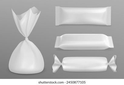 White blank candy wrapper mockup. Realistic 3d vector illustration set of chocolate and bonbon package template. Sweet dessert snack plastic container and pouch. Foil bag and packet for confectionery.