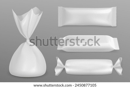 White blank candy wrapper mockup. Realistic 3d vector illustration set of chocolate and bonbon package template. Sweet dessert snack plastic container and pouch. Foil bag and packet for confectionery.