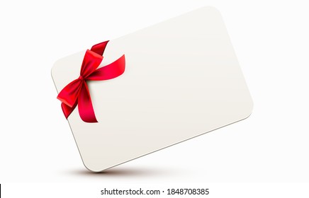 white blank card wrapped with red ribbon. Rectangular format with rounded corners. 