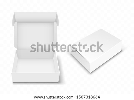 White blank cardboard box with flip top, realistic vector illustration. Rectangular caton pack with open and closed hinged lid, isolated on transparent background. Empty gift package