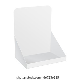 White Blank Cardboard Display For Advertising Fliers, Leaflets Or Products. Half Side View Mockup For Showcase Your Design. Vector Illustration