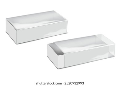 White blank cardboard drawer box with clear plastic lid. 3d vector mock-up. Tray and sleeve two-piece gift box. Realistic mockup. Sliding container packaging. Template for design