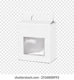 Caja de gablete de cartón en blanco blanco con ventana de plástico transparente y asa de transporte troquelada. Maqueta realista de Vector en 3D. Bolsa de regalo frontal transparente de cartón. Maqueta. Paquete del envase del cartón. Plantilla