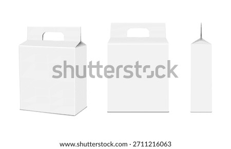White blank cardboard gable box with die cut carry handle. Front and side view. Realistic 3d vector mock-up. Isolated paperboard square gift bag. Mockup. Carton container package. Template for design