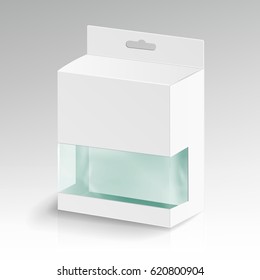 White Blank Cardboard Rectangle Vector. White Package Box With Transparent Plastic Window. Product Packing