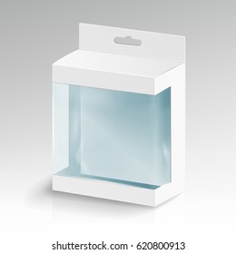 White Blank Cardboard Rectangle Vector. White Package Box With Transparent Plastic Window. Product Packing