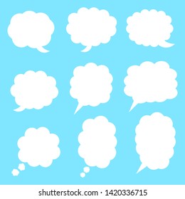 white blank cartoon speech bubbles cloud shape set on blue background. vector illustration