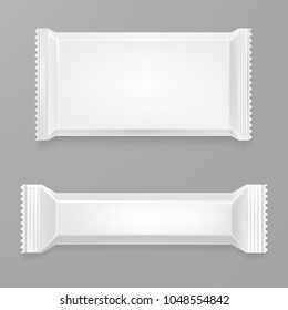 White blank chocolate bar mockup. White polyethylene package. Candy bar Plastic wrap. Front side view. Element for your design presentation. Vector mock-up. Eps 10.