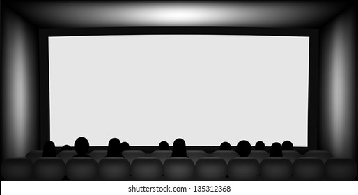 White blank cinema screen and people silhouettes on seats in dark gray auditorium.