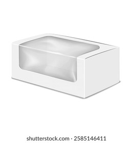 White blank clamshell paper box with clear plastic window. Realistic 3d vector mock-up. Cardboard box with transparent lid. Mockup. Takeout food paperboard container package. Template