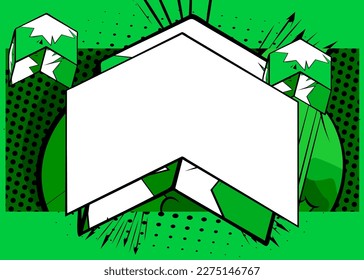 White, Blank Comic book arrow on green background poster. Comics abstract Symbol. Retro pop art Direction Sign.