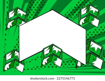 White, Blank Comic book arrow on green background poster. Comics abstract Symbol. Retro pop art Direction Sign.