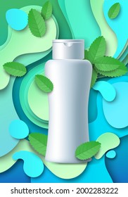 White blank cosmetic bottle mockup, paper cut craft style green mint leaves, splashes, vector illustration. Mint shampoo ads template. Beauty and hair care product.