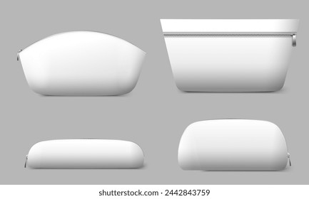 Bolsos de cosméticos blancos en blanco con cremallera conjunto aislado de maqueta realista. Bolso, plantilla de bolso para artículos de aseo, higiene y cuidado del cuerpo ilustración vectorial