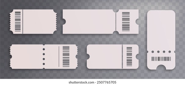 White blank coupon or entrance ticket with barcode. Realistic 3d vector illustration set of concert event or cinema admission and pass paper badge template. Festival and raffle receipt or discount tag