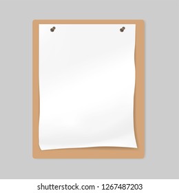 White blank crumpled paper sheet attached by push pins to bulletin board, mockup.