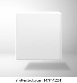 A white blank cubic box is above the surface. Mockup for design with shadow. Front view