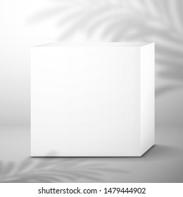 A white blank cubic box. Shadow from a palm tree on the wall in the background. Mockup for design