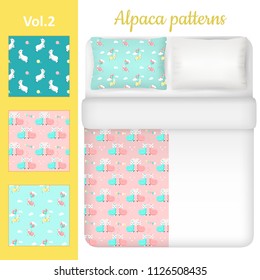 White blank and cute alpaca bed linen set. Three seamless patterns for kids bedding fabric samples with funny cartoon alpacas. Vector top view illustration.