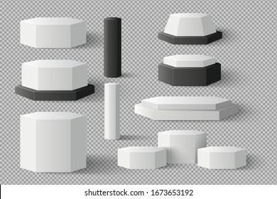 White Blank Cylinder, Hexagon element template set with shadow on transparency background. concept podium stage showcase for ingredient product, sale, banner, cosmetic, offer, Realistic vector