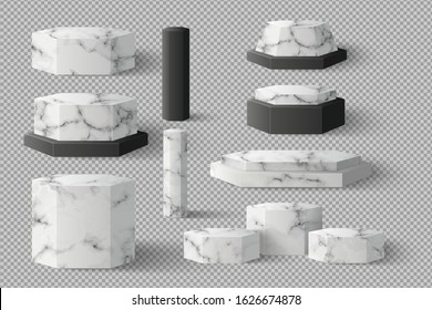 White Blank Cylinder, Hexagon marble element template set with shadow on transparentcy background. concept podium stage showcase for ingredient product, sale, banner, cosmetic, offer, Realistic vector