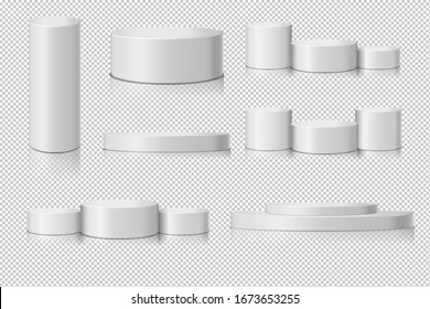 White Blank Cylinder template set with shadow reflection on transparentcy background. marble mock up for new product, promotion sale, banner, presentation, cosmetic, skincare, offer. Realistic Vector.