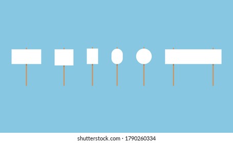 White blank demonstration banners. Isolated picket placards. Wooden board. Protest banner in flat design on blue background. Strike banner in different shapes. Vector EPS 10.