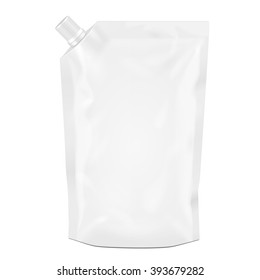 White Blank Doy Pack, Doypack Foil Food Or Drink Bag Packaging With Corner Spout Lid. Illustration Isolated On White Background. Mock Up Template Ready For Your Design. Product Packing Vector EPS10