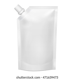 White Blank Doy Pack, Doypack Foil Food Or Drink Bag Packaging With Corner Spout Lid. Illustration Isolated On White Background. Mock Up Template Ready For Your Design. Product Packing Vector EPS10