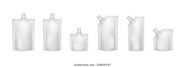 Envase blanco en blanco inodoro, cartón doypack de comida o bolso de bebida envasado con tapa de esquirla aislada en fondo blanco. Modelo de diseño de paquetes de plantillas. Recogida de empaque de productos. Ilustración del vector